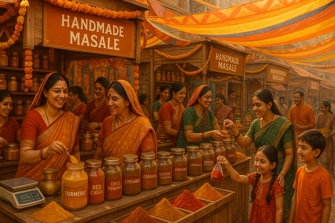 A busy Indian marketplace with Handmade Masale branded kiosks and small shops, colorful spice jars, women entrepreneurs serving happy customers, vibrant festive atmosphere, modern yet rooted in tradition