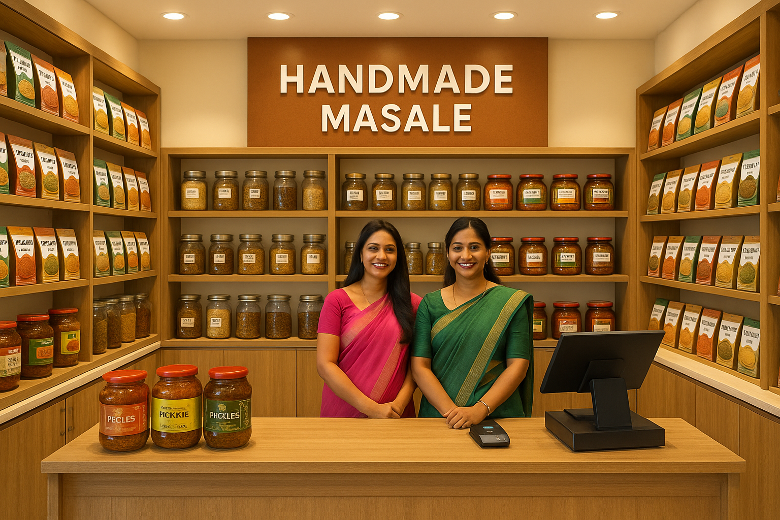 A modern Indian store with Handmade Masale branding, shelves full of spice packets, jars, and pickles, professional packaging, women entrepreneurs smiling, digital payment counter, fresh and vibrant look.