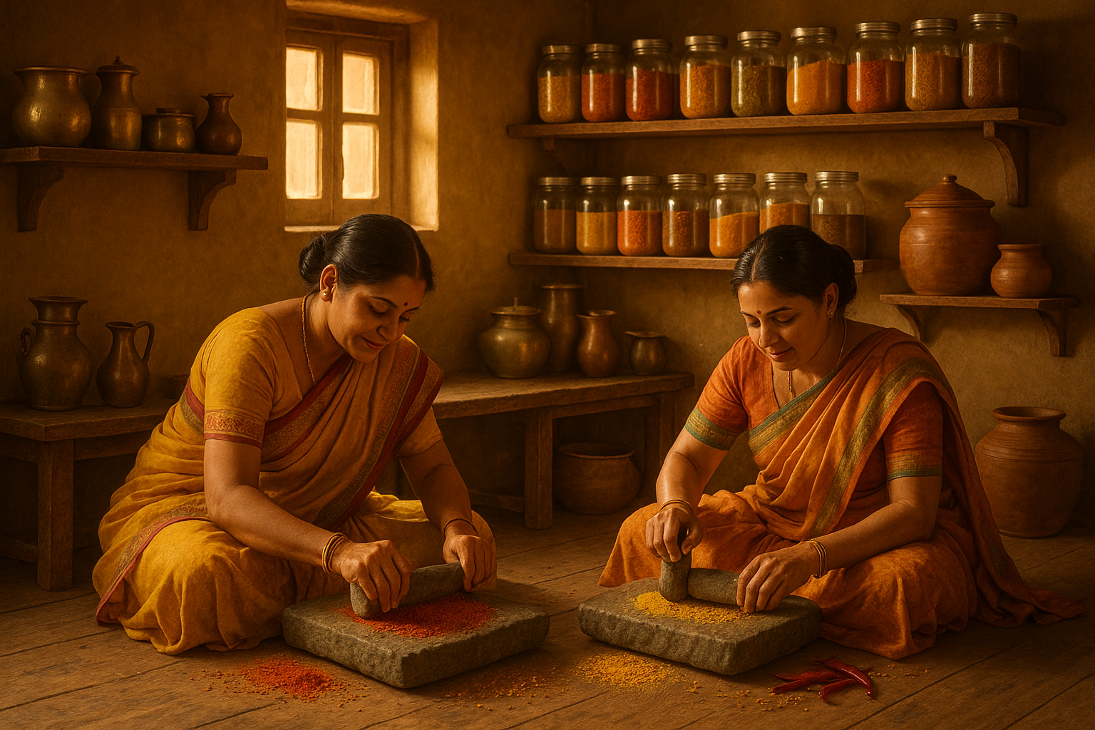A warm, nostalgic Indian kitchen scene from the late 1990s, women in traditional sarees grinding spices by hand with stone grinders, jars of masala on a wooden shelf, homely atmosphere, soft warm lighting